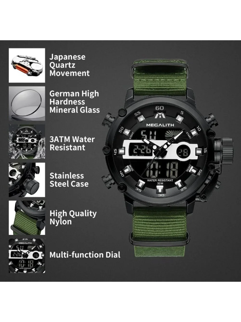 Men's Green And Black Analog Nylon Strap Waterproof Multifunction Digital Watch